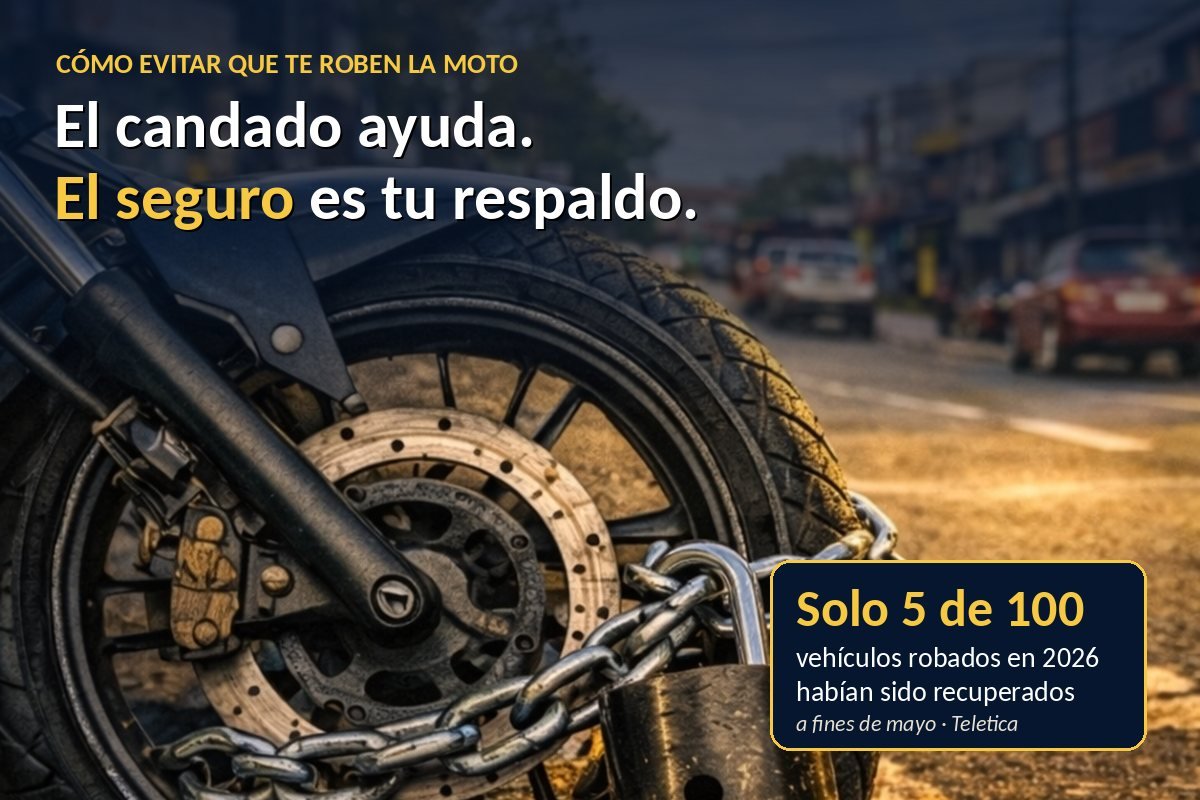 Rueda de moto asegurada con cadena y candado: el candado ayuda y el seguro es tu respaldo; solo 5 de cada 100 vehículos robados en 2026 habían sido recuperados a fines de mayo